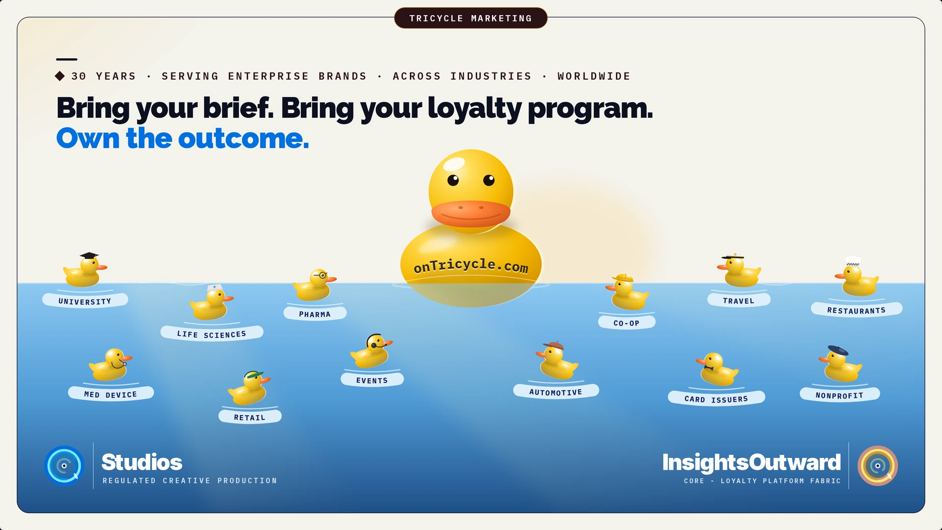 A large Tricycle duck is surrounded by smaller ducks representing industries from universities and life sciences to retail and nonprofits. Bring your brief. Bring your loyalty program. Own the outcome.