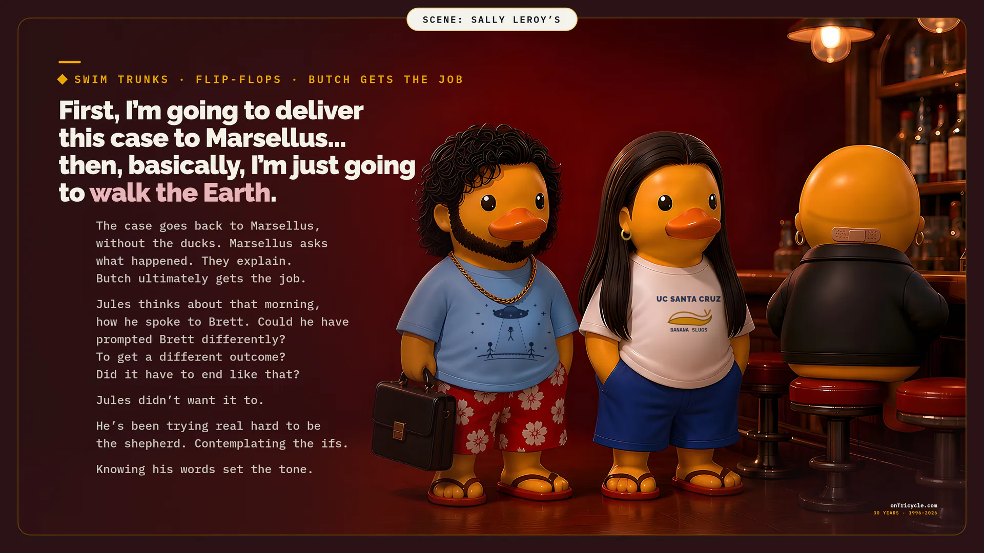 At Sally LeRoy’s, Jules and Vincent stand in T-shirts, swim trunks and flip-flops with the briefcase, while Marsellus, bald with a bandage on the back of his head, sits at the bar.